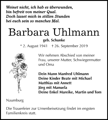 Traueranzeige von Barbara Uhlmann von Wochenspiegel Naumburg/Nebra