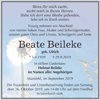 Traueranzeige von Beate Beileke von Mitteldeutsche Zeitung Mansfelder Land