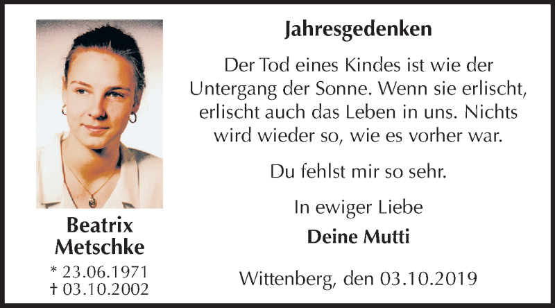  Traueranzeige für Beatrix Metschke vom 02.10.2019 aus Mitteldeutsche Zeitung Wittenberg