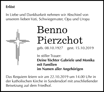 Traueranzeige von Benno Pierzchot von Mitteldeutsche Zeitung Bitterfeld