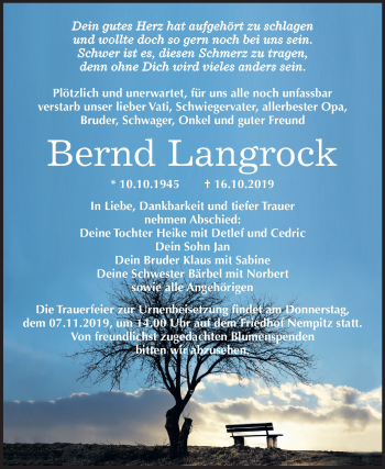 Traueranzeige von Bernd Langrock von Super Sonntag Merseburg/Querfurt