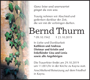 Traueranzeige von Bernd Thurm von Super Sonntag Zeitz