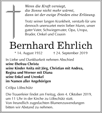 Traueranzeige von Bernhard Ehrlich von Wochenspiegel Naumburg/Nebra