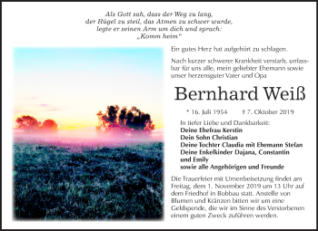 Traueranzeige von Bernhard Weiß von Wochenspiegel Bitterfeld