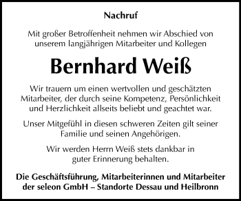 Traueranzeige von Bernhard Weiß von Wochenspiegel Bitterfeld