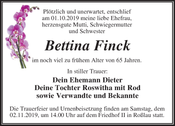 Traueranzeige von Bettina Finck von Mitteldeutsche Zeitung Dessau-Roßlau