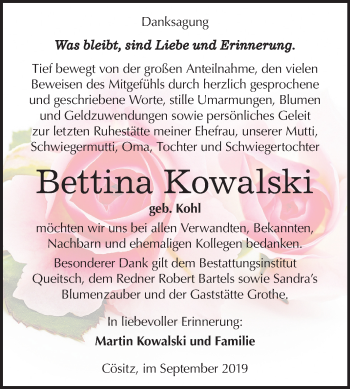 Traueranzeige von Bettina Kowalski von Super Sonntag Köthen