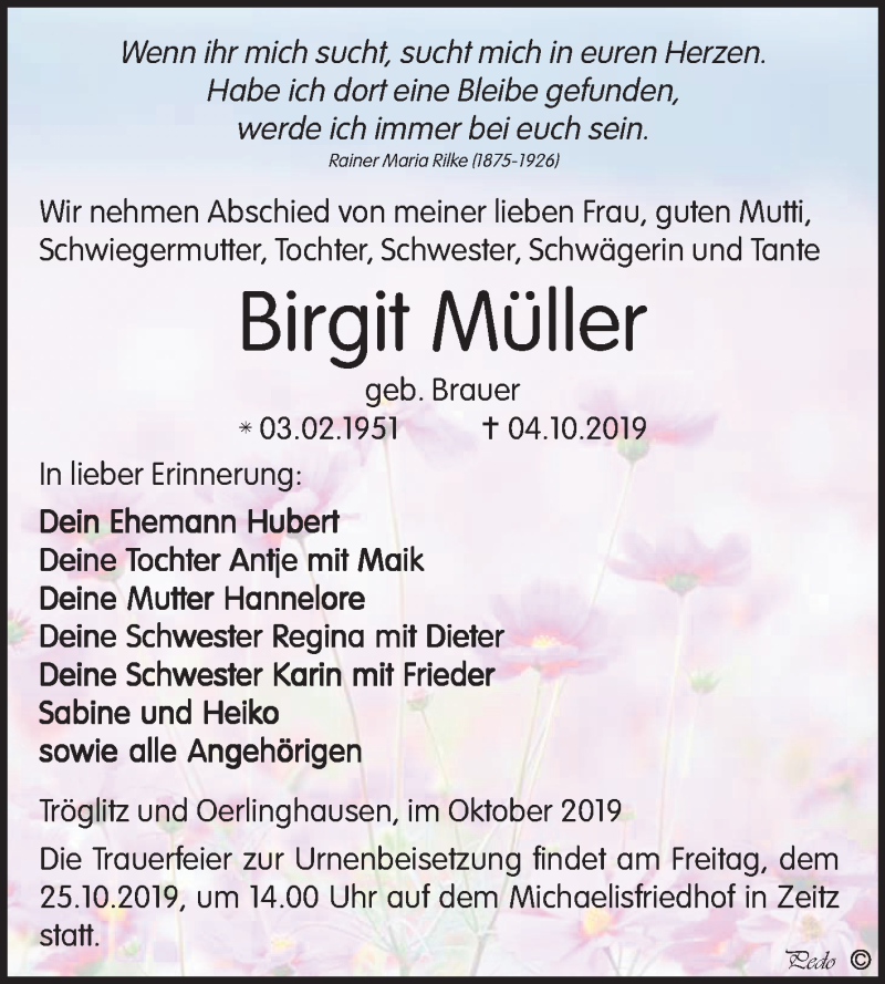  Traueranzeige für Birgit Müller vom 12.10.2019 aus Super Sonntag Zeitz