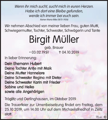 Traueranzeige von Birgit Müller von Super Sonntag Zeitz
