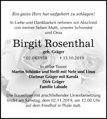 Traueranzeige von Birgit Rosenthal von Super Sonntag Quedlinburg