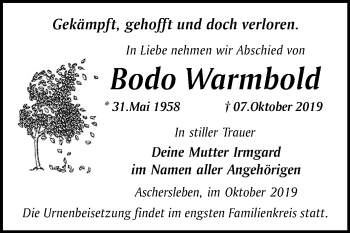 Traueranzeige von Bodo Warmbold von Wochenspiegel Aschersleben
