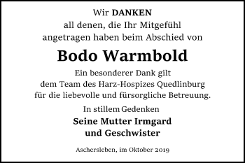 Traueranzeige von Bodo Warmbold von Super Sonntag Aschersleben