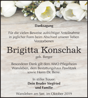 Traueranzeige von Brigitta Konschak von Mitteldeutsche Zeitung Mansfelder Land