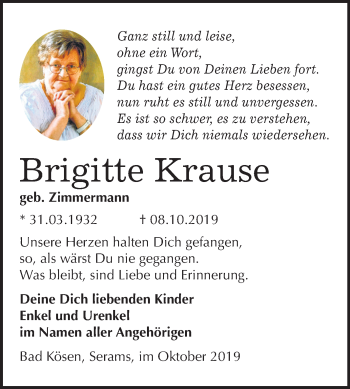 Traueranzeige von Brigitte Krause von Mitteldeutsche Zeitung Naumburg/Nebra