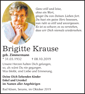 Traueranzeige von Brigitte Krause von Mitteldeutsche Zeitung Naumburg/Nebra