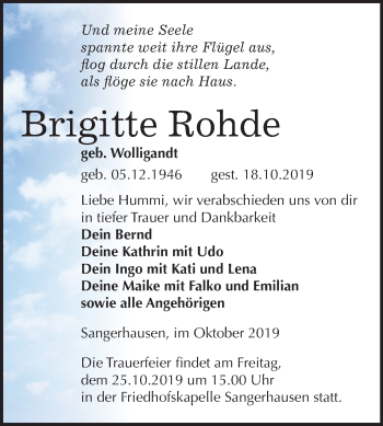 Traueranzeige von Brigitte Rohde von Mitteldeutsche Zeitung Sangerhausen