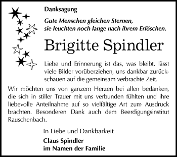 Traueranzeige von Brigitte Spindler von Wochenspiegel Naumburg/Nebra