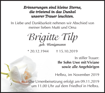 Traueranzeige von Brigitte Tilp von Wochenspiegel Mansfelder Land