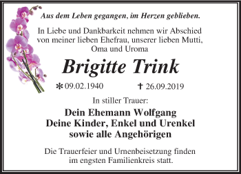Traueranzeige von Brigitte Trink von Super Sonntag Wittenberg