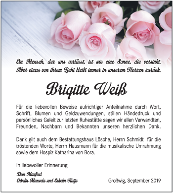Traueranzeige von Brigitte Weiß von Mitteldeutsche Zeitung Wittenberg