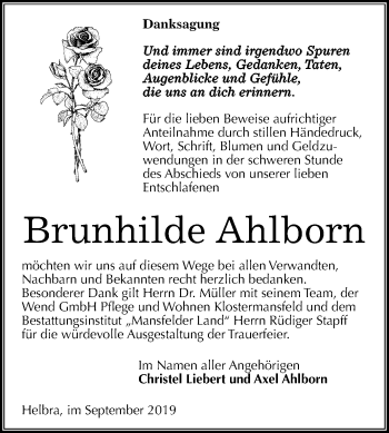 Traueranzeige von Brunhilde Ahlborn von Mitteldeutsche Zeitung Mansfelder Land