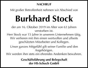 Traueranzeige von Burkhard Stock von Super Sonntag Wittenberg