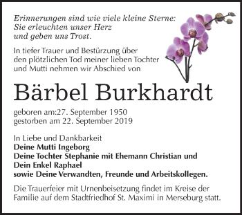 Traueranzeige von Bärbel Burkhardt von Super Sonntag Merseburg/Querfurt