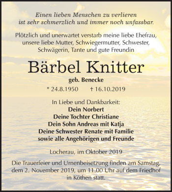 Traueranzeige von Bärbel Knitter von Mitteldeutsche Zeitung Köthen