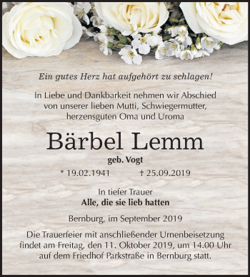Traueranzeige von Bärbel Lemm von Super Sonntag Bernburg
