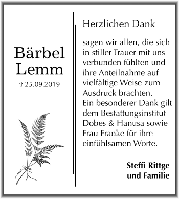 Traueranzeige von Bärbel Lemm von Super Sonntag Bernburg