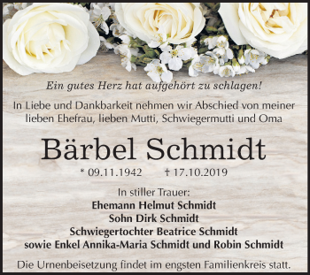 Traueranzeige von Bärbel Schmidt von Super Sonntag Köthen