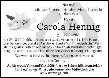 Traueranzeige von Carola Hennig von Mitteldeutsche Zeitung Mansfelder Land