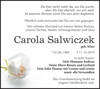Traueranzeige von Carola Salwiczek von Mitteldeutsche Zeitung Halle/Saalkreis