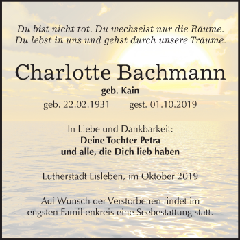 Traueranzeige von Charlotte Bachmann von Super Sonntag Mansfelder Land