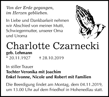 Traueranzeige von Charlotte Czarnecki von Mitteldeutsche Zeitung Bernburg