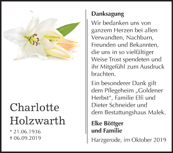 Traueranzeige von Charlotte Holzwarth von Super Sonntag Quedlinburg