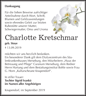 Traueranzeige von Charlotte Kretschmar von Mitteldeutsche Zeitung Merseburg/Querfurt