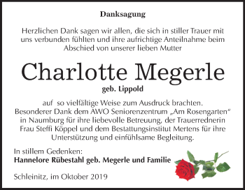 Traueranzeige von Charlotte Megerle von Mitteldeutsche Zeitung Zeitz