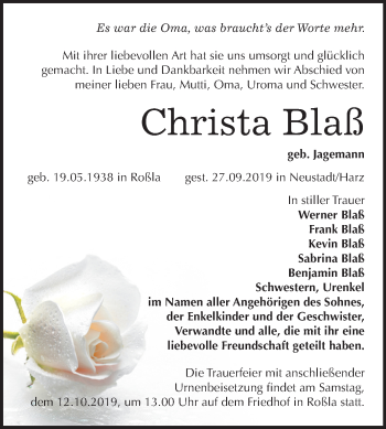 Traueranzeige von Christa Blaß von Super Sonntag Sangerhausen