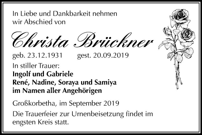  Traueranzeige für Christa Brückner vom 02.10.2019 aus Wochenspiegel Weißenfels