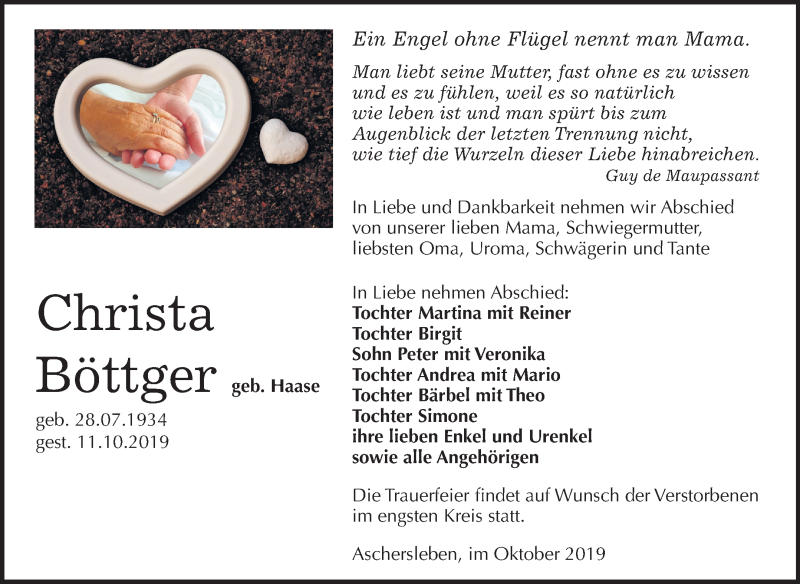  Traueranzeige für Christa Böttger vom 17.10.2019 aus Mitteldeutsche Zeitung Aschersleben