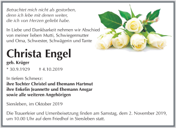 Traueranzeige von Christa Engel von Mitteldeutsche Zeitung Mansfelder Land
