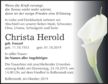 Traueranzeige von Christa Herold von Mitteldeutsche Zeitung Quedlinburg