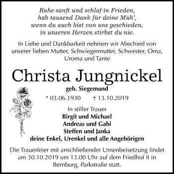 Traueranzeige von Christa Jungnickel von Mitteldeutsche Zeitung Bernburg