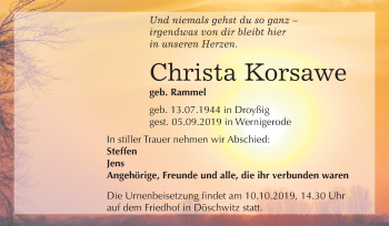 Traueranzeige von Christa Korsawe von Super Sonntag Zeitz