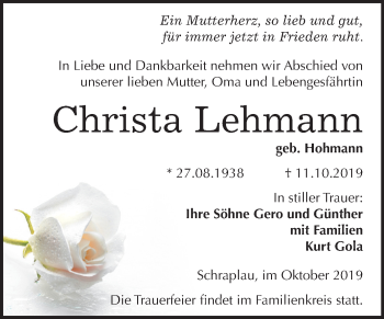 Traueranzeige von Christa Lehmann von Mitteldeutsche Zeitung Mansfelder Land