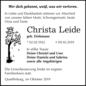 Traueranzeige von Christa Leide von Super Sonntag Quedlinburg