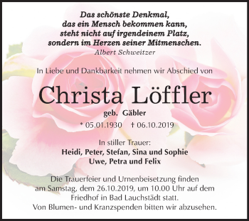 Traueranzeige von Christa Löffler von Mitteldeutsche Zeitung Merseburg/Querfurt