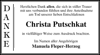 Traueranzeige von Christa Putschkat von Mitteldeutsche Zeitung Dessau-Roßlau
