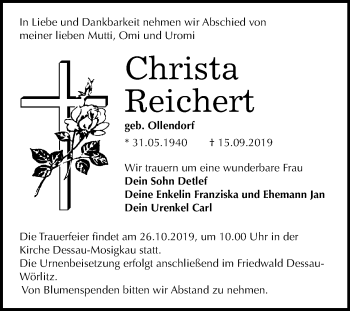 Traueranzeige von Christa Reichert von Mitteldeutsche Zeitung Dessau-Roßlau